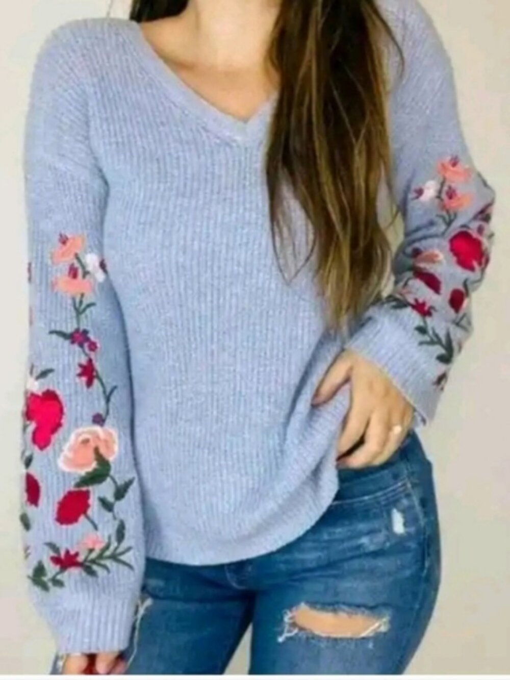 American Eagle Outfitters Blue/Pink Floral Embroidered V-Neck Sweater